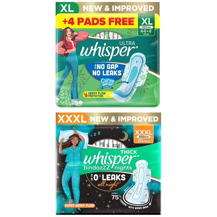 Whisper Sanitary Pads Combo - Ultra 48 XL Pads + Bindazzz Nights XXXL 20 Pads