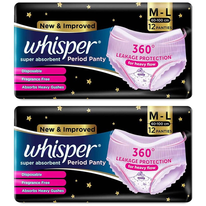 Whisper Set of 2 Super Absorbent Disposable FlexFit Period Panties- Size M-L - 12 Pcs each