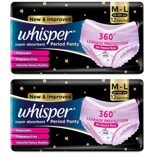 Whisper Set of 2 Super Absorbent Disposable FlexFit Period Panties- Size M-L - 12 Pcs each