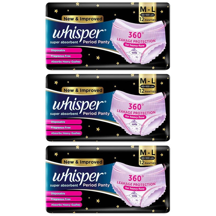 Whisper Set of 3 Super Absorbent Disposable FlexFit Period Panties- Size M-L - 12 Pcs each