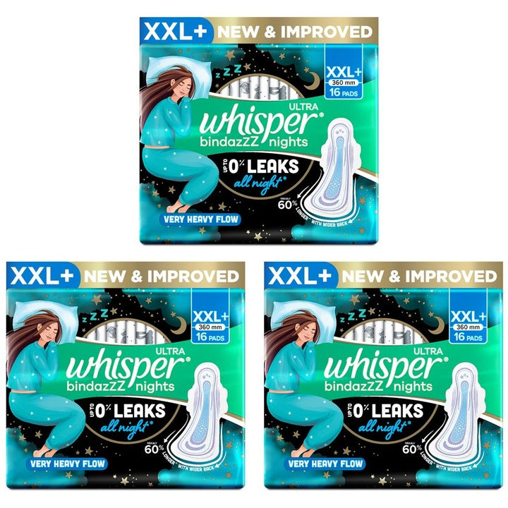 Whisper Set of 3 Bindazzz Nights XXL+ Sanitary Pads - 16 Pads each
