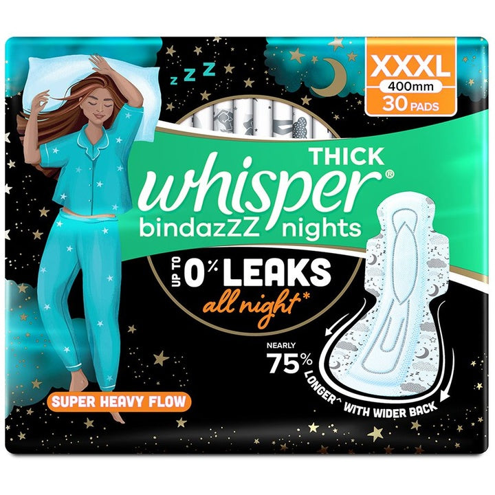 Whisper Bindazzz Nights Sanitary Pads with 0% Leaks All Night Long - 30 XXXL Pads