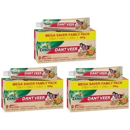 ZANDU Set of 3 Family Pack Dant Veer Advanced Ayurvedic Toothpaste - 600 g each